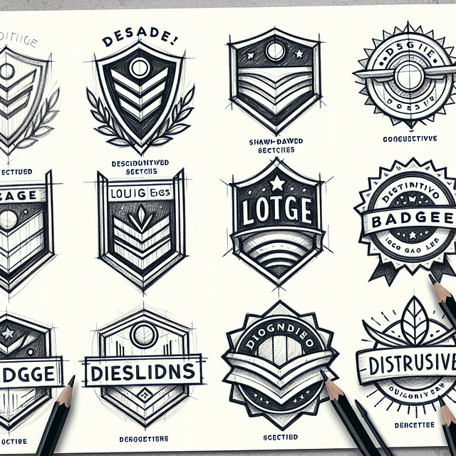 Hand-drawn sketches of badge logo concepts