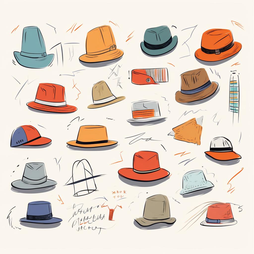 A brainstorming session with various hat sketches and notes