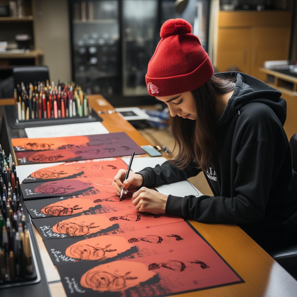 A designer sketching various hat logo concepts on a sketchpad